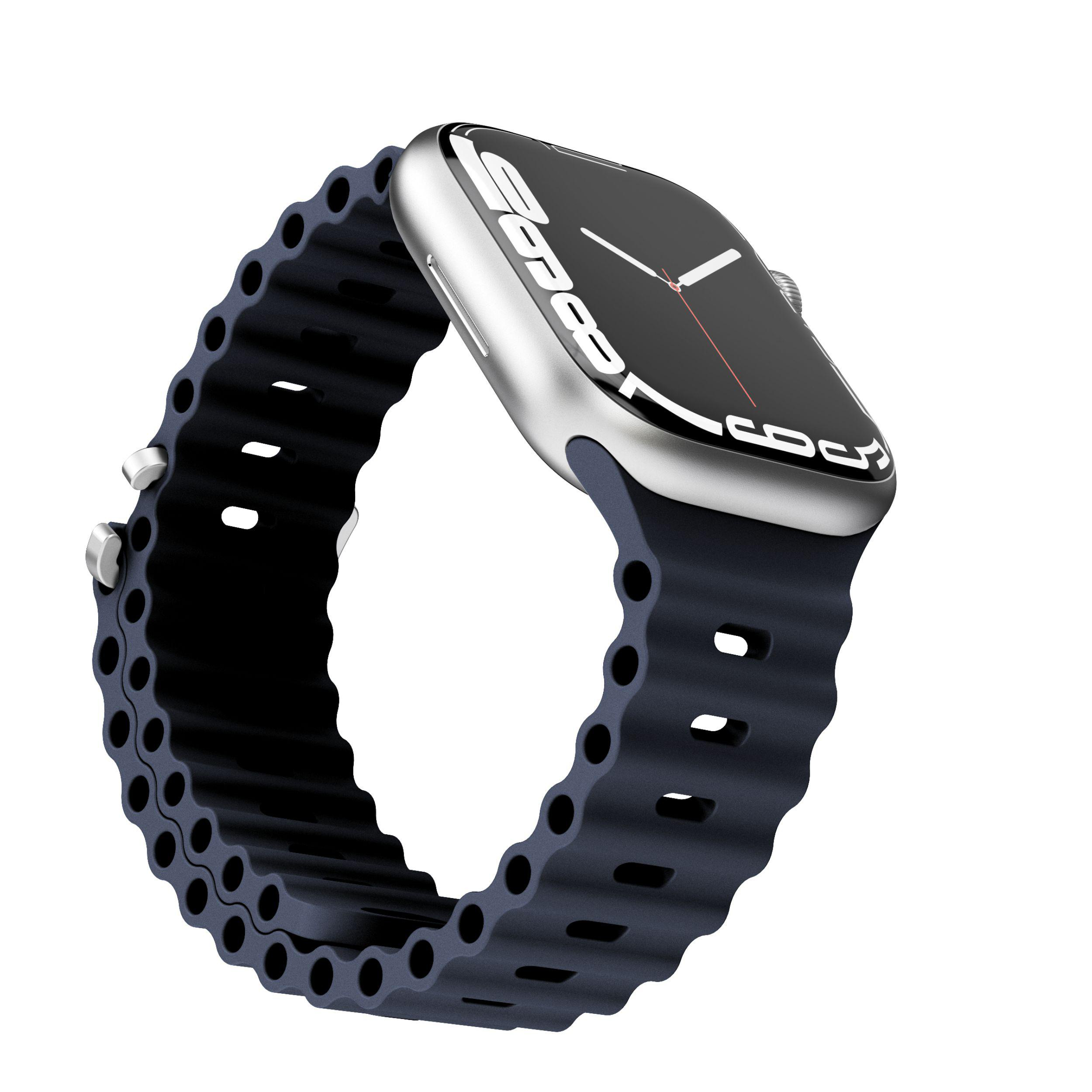 Silberne Smartwatch mit blauem geripptem Armband. Der Bildschirm ist schwarz.