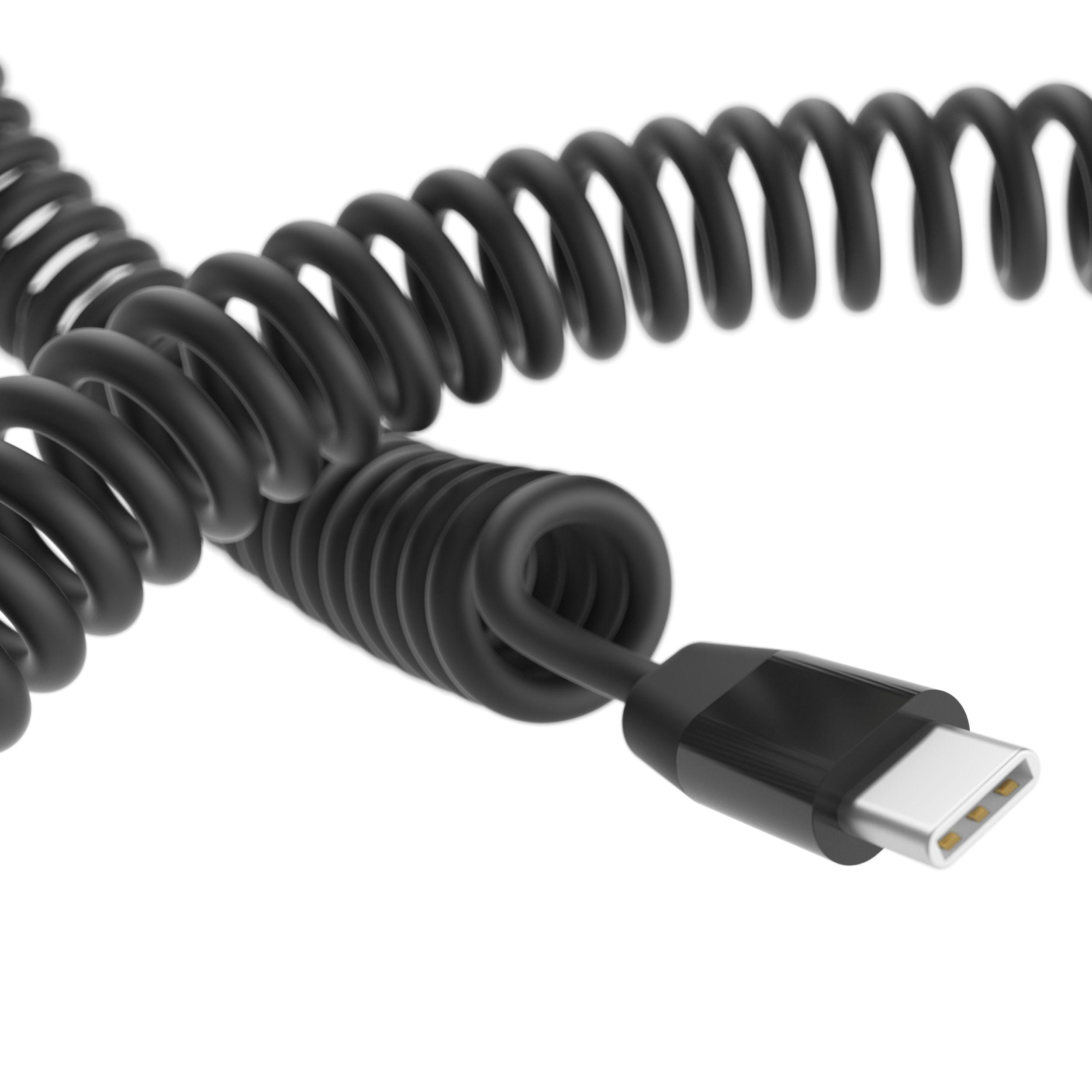 Ein schwarzes, spiralförmiges USB-C-Kabel mit einem USB-C-Anschluss am Ende.