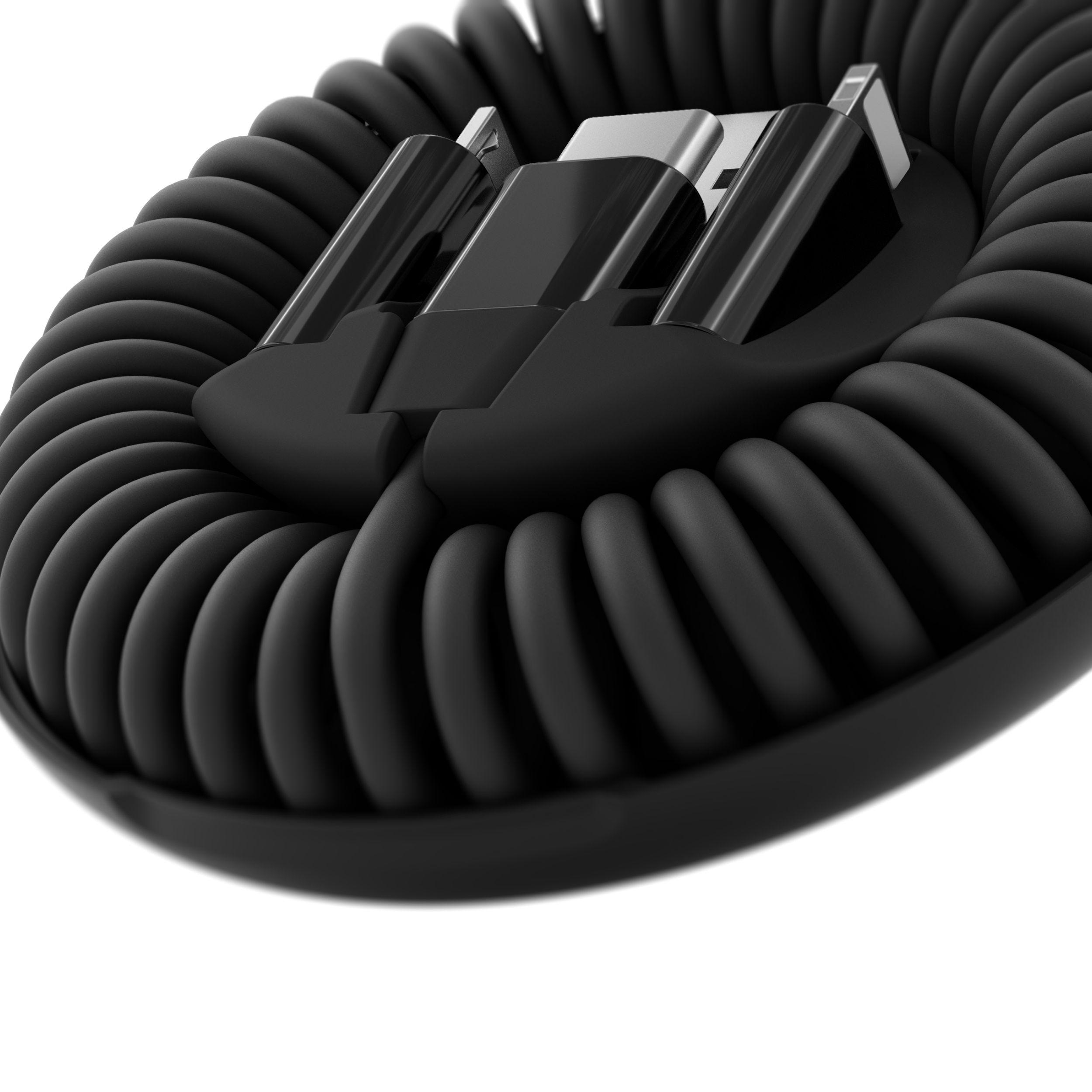 Schwarzes Spiralkabel mit USB-C und anderen Anschlüssen. Nahaufnahme.