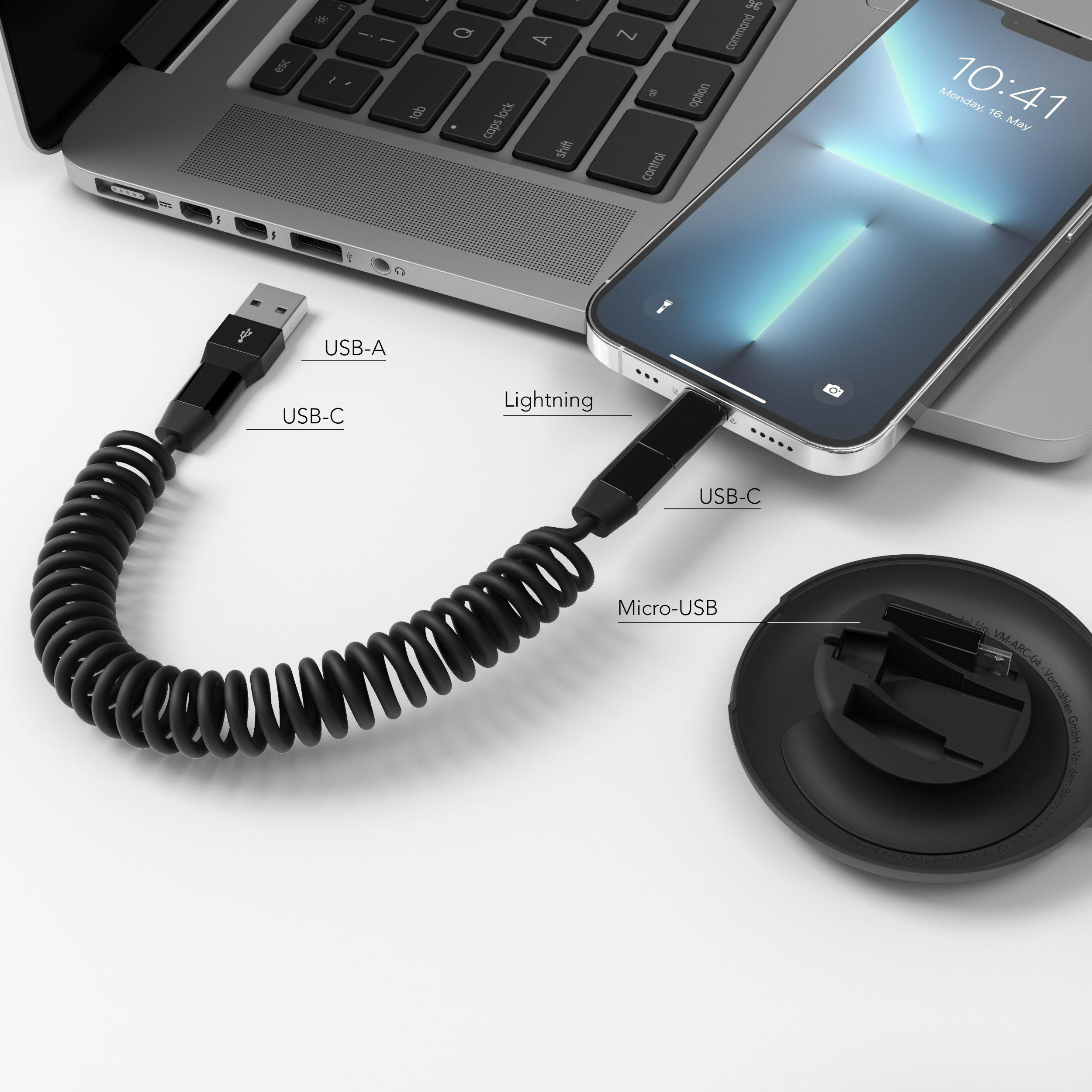 Laptop mit USB-A-, USB-C- und Lightning-Kabelanschlüssen.