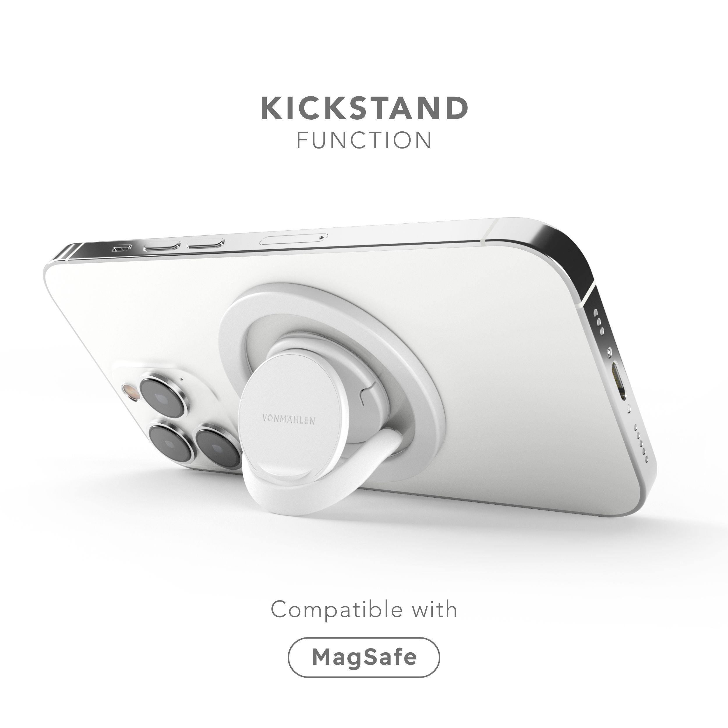 Weißes iPhone mit weißem MagSafe-Ständer. Text: Kickstand-Funktion, Kompatibel mit MagSafe.