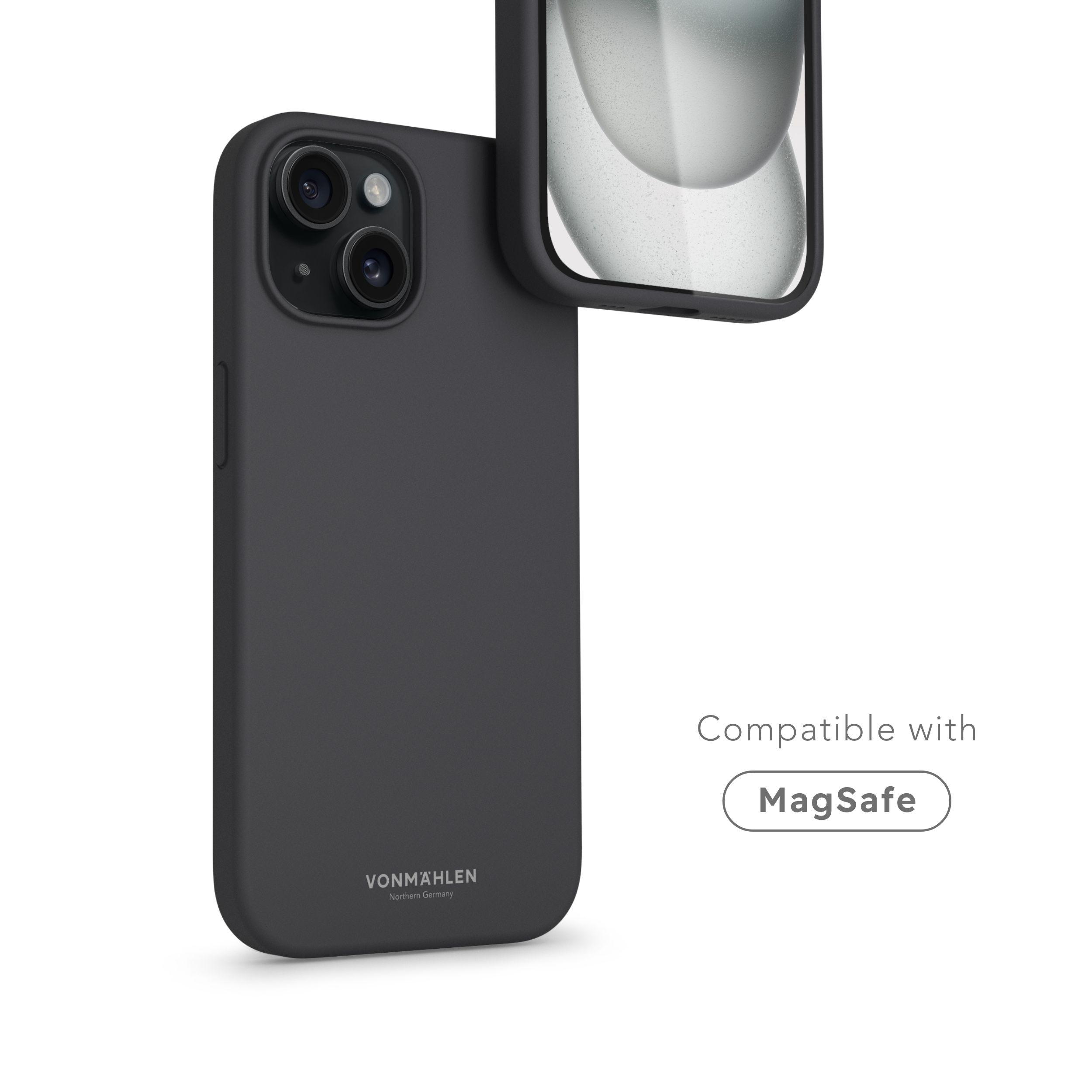 Schwarze Handyhülle mit einem Telefon darin. Text: Kompatibel mit MagSafe.