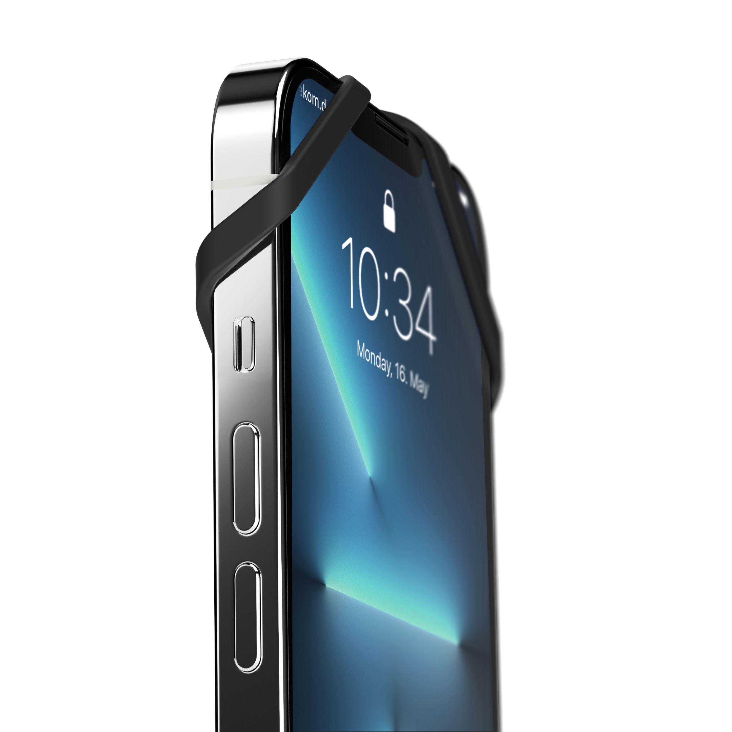 Schwarzes Telefon mit schwarzem Halter an den Rändern. Weißer Hintergrund.