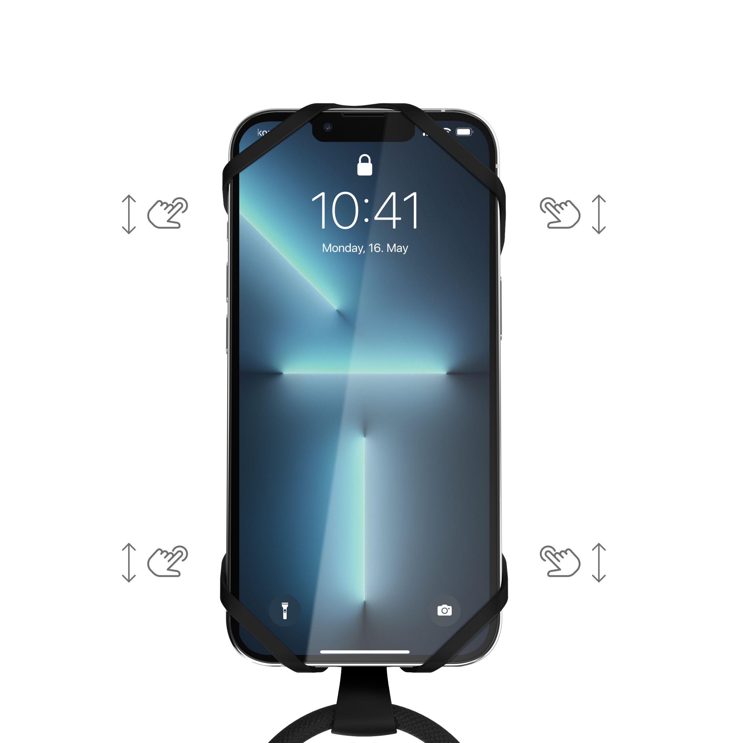 Telefon in Halterung. Pfeile zeigen Berührungsgesten. Weißer Hintergrund.