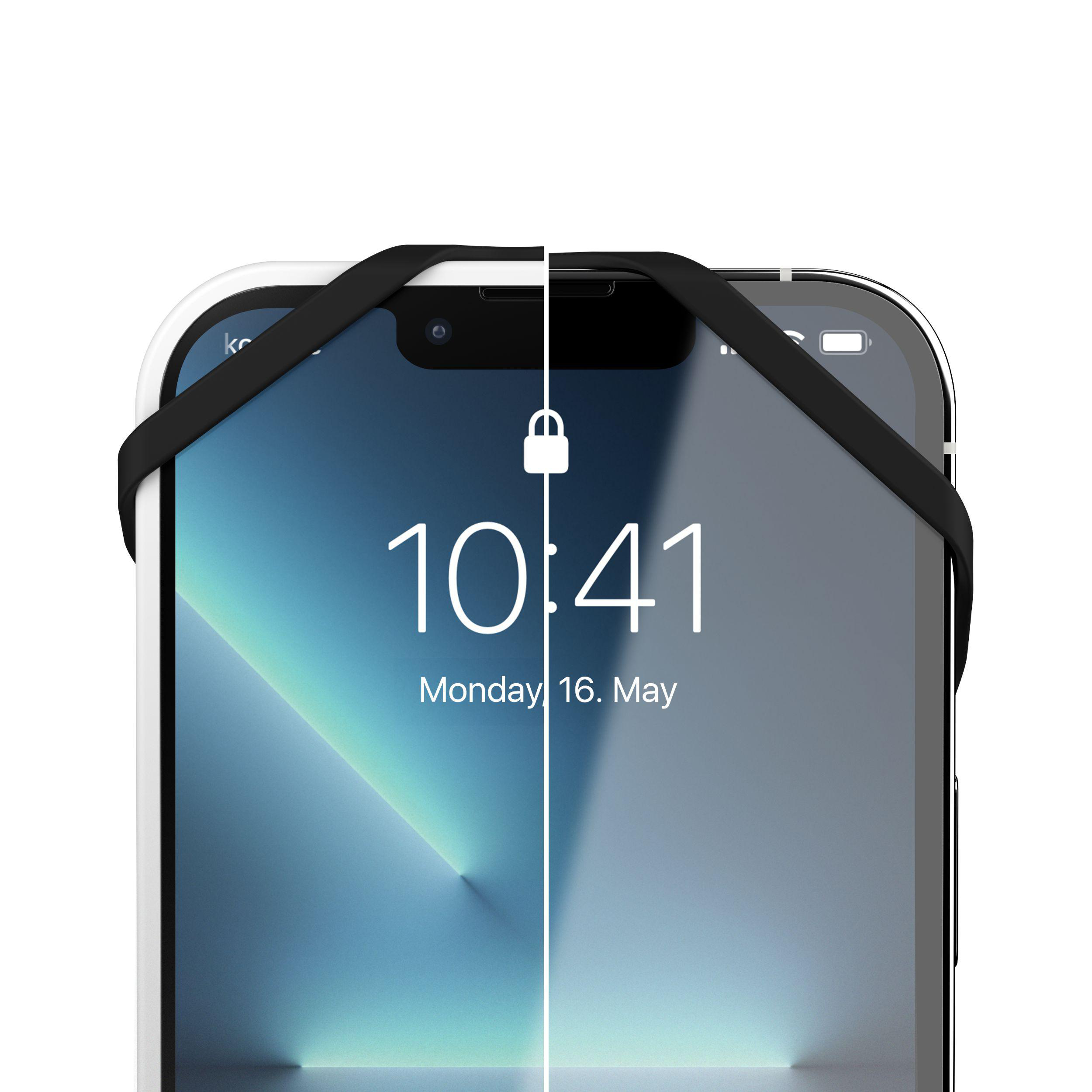 Ein Smartphone-Bildschirm mit einem Schloss-Symbol und der Uhrzeit, mit schwarzem Band, auf weißem Grund.