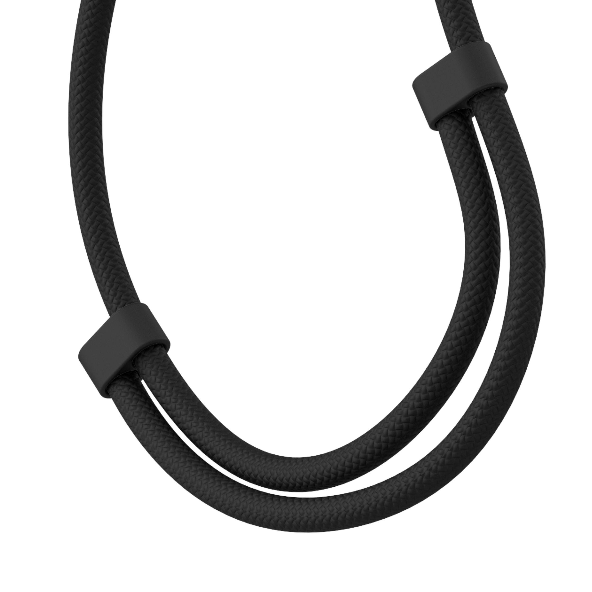 Schwarzes Seil mit schwarzen Plastikclips. Das Seil hat eine U-Form auf weißem Hintergrund.