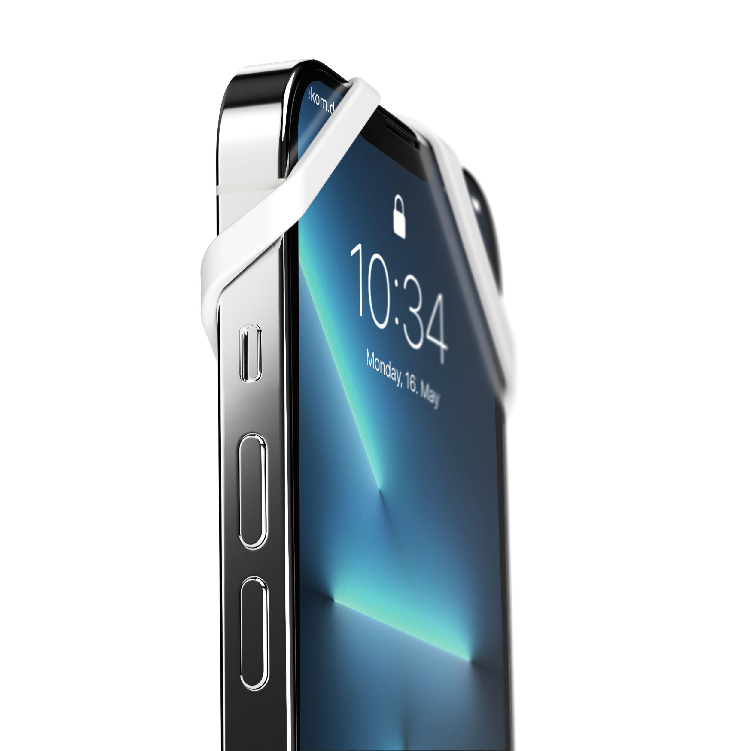 Nahaufnahme eines silbernen iPhones mit weißem Riemen. Der Bildschirm zeigt die Uhrzeit und einen blauen Hintergrund.