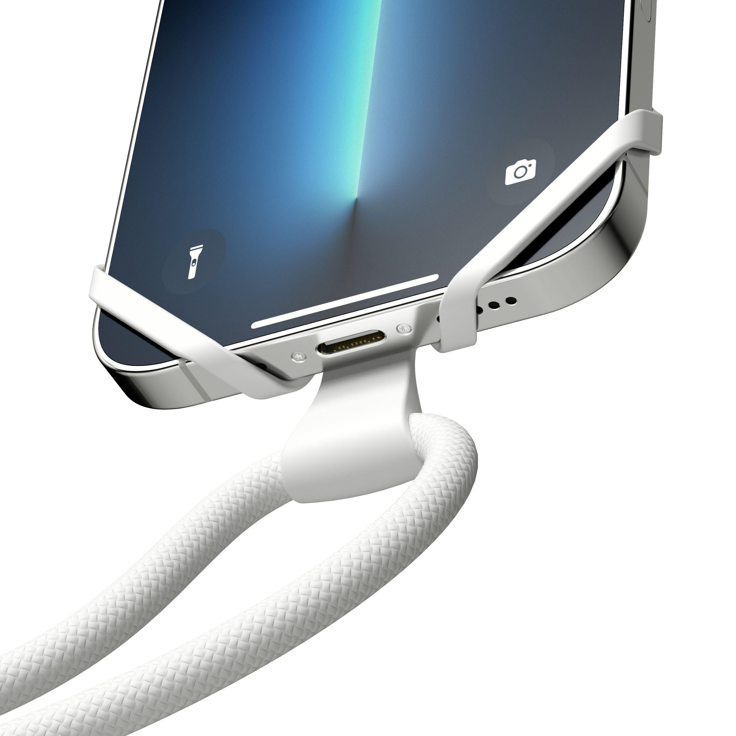 Ein weißes Telefon, gehalten von einer weißen Halterung, mit einem gewebten weißen Band. Der Bildschirm ist sichtbar.