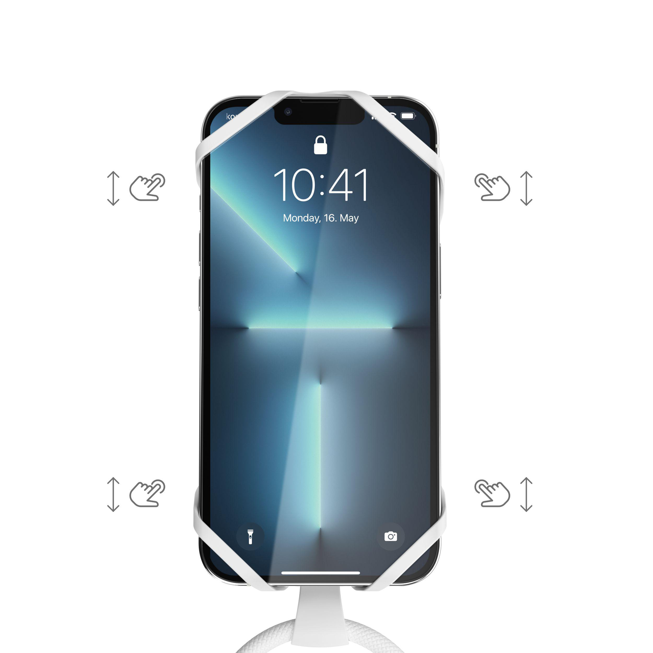 Smartphone in weißem Halter. Das Display zeigt einen Sperrbildschirm. Pfeile zeigen Wischrichtungen.