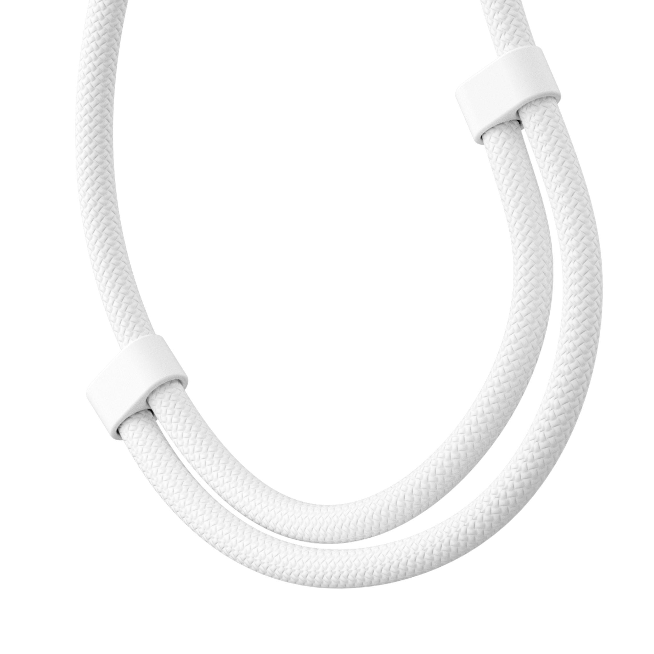 Ein weißes, gewebtes Ladekabel mit zwei weißen Steckern.