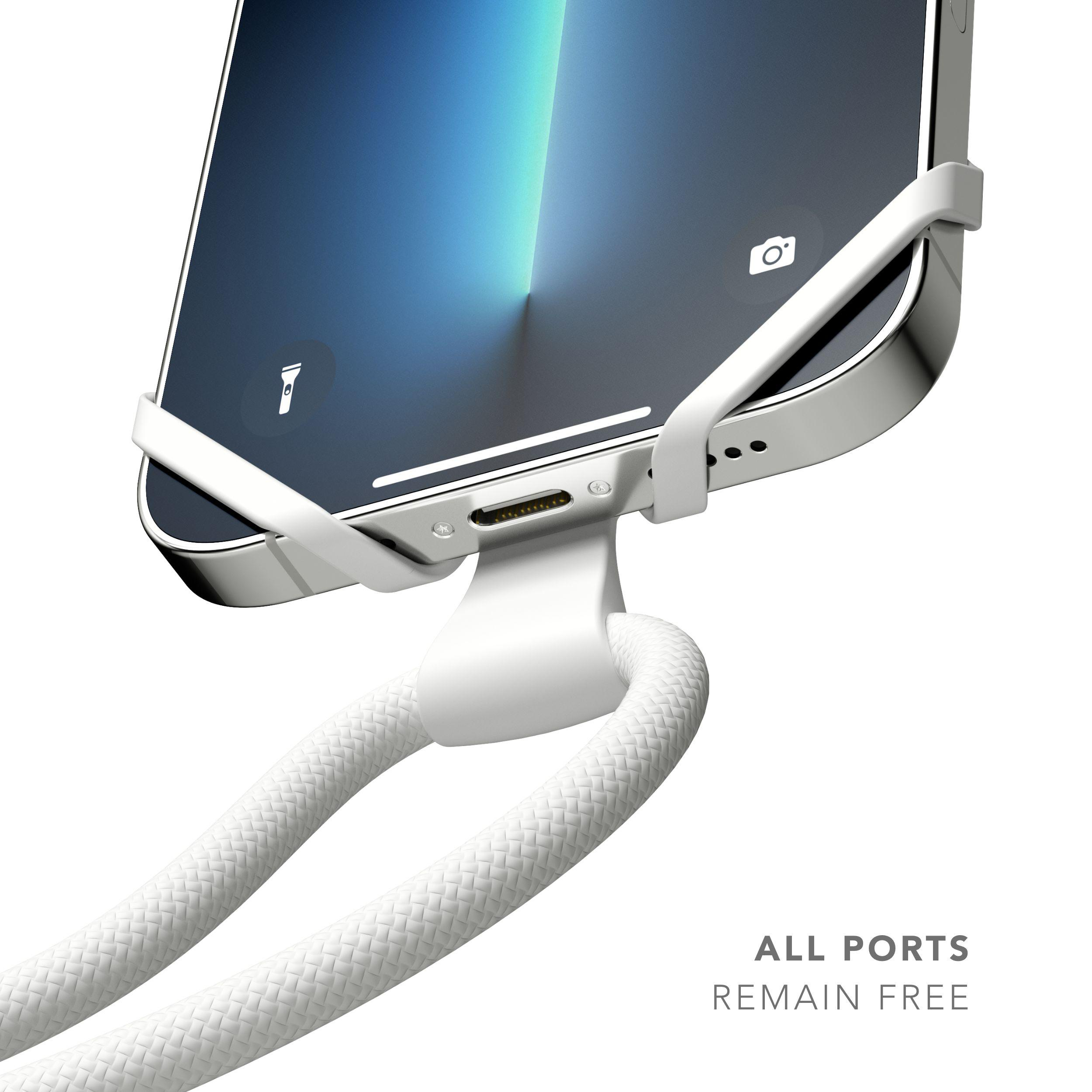 Ein weißes Telefon mit weißem Halter und weißem Kabel vor weißem Hintergrund.