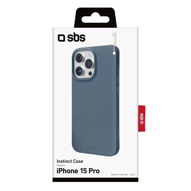 Blaue iPhone 15 Pro Hülle mit einer Schachtel. Die Schachtel hat den Markennamen und das Modell.