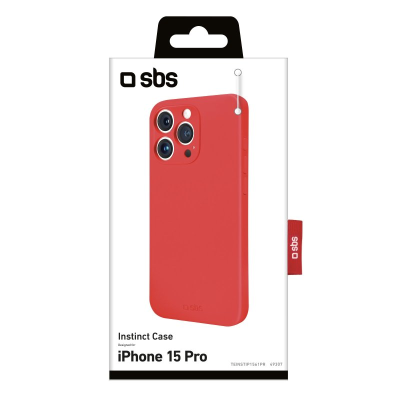 Rote Handyhülle in einer Schachtel. Die Hülle ist für ein iPhone 15 Pro. Die Schachtel ist weiß.