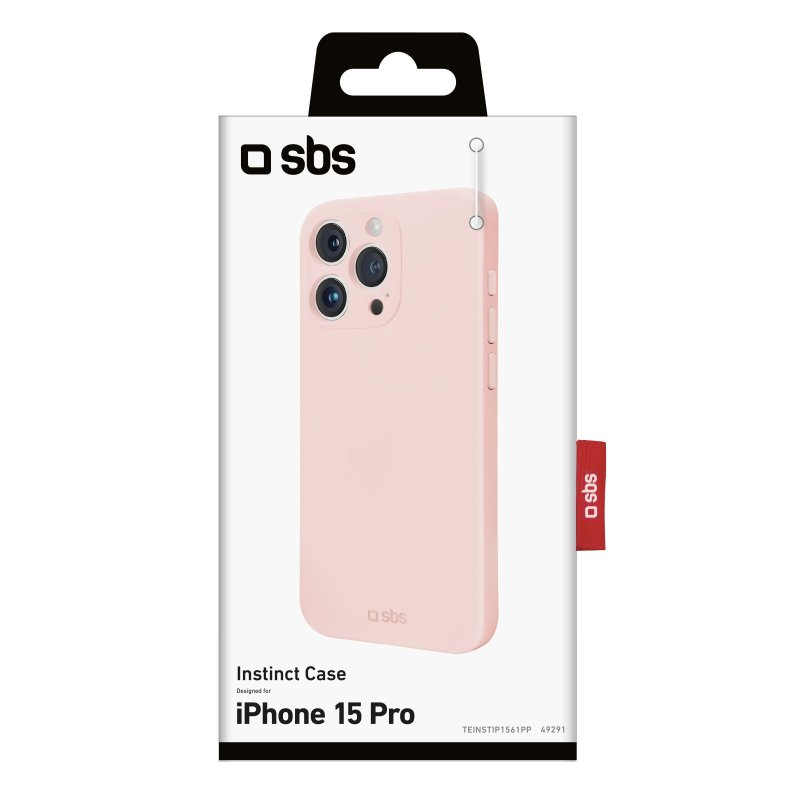 Rosa iPhone 15 Pro Hülle in einer Box mit SBS-Branding.
