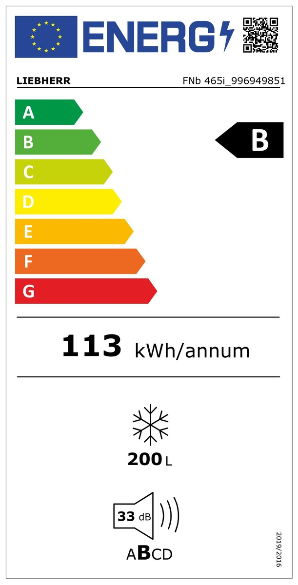 Egy Liebherr energia címke. Megmutatja a B energiahatékonysági osztályt, a fogyasztást és a hangszintet.