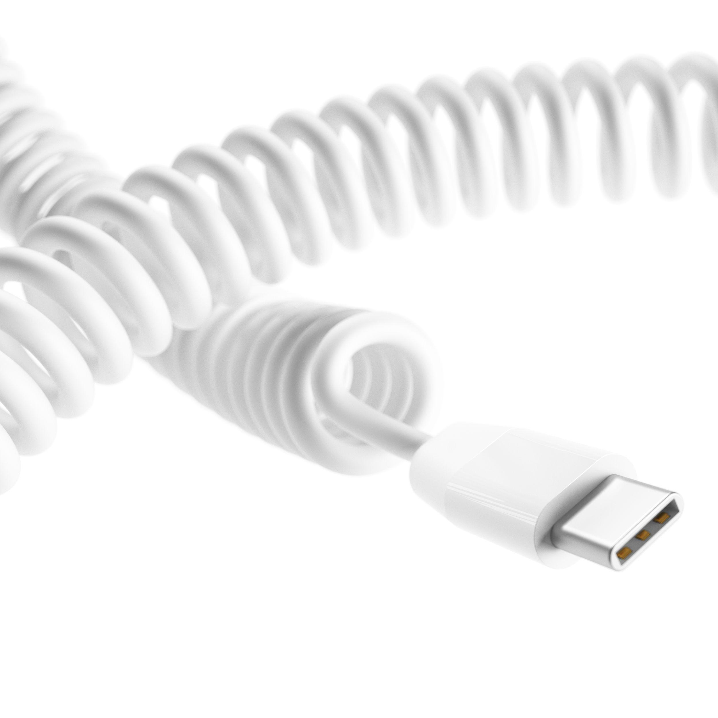 Weißes, gewendeltes USB-C-Kabel. Das Kabel ist auf weißem Hintergrund.