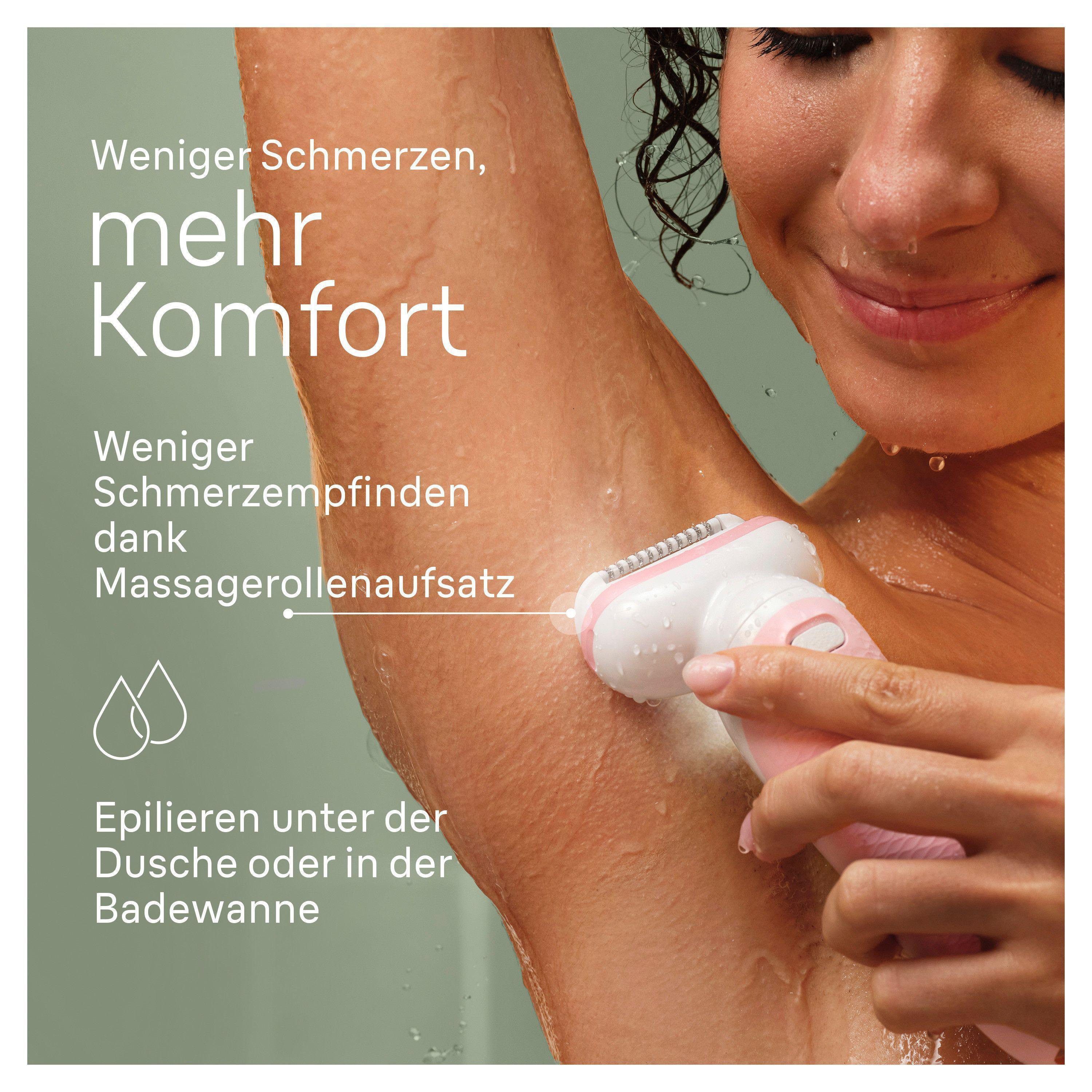 Eine Frau benutzt einen rosa Epilierer unter dem Arm. Text auf Deutsch über Komfort.