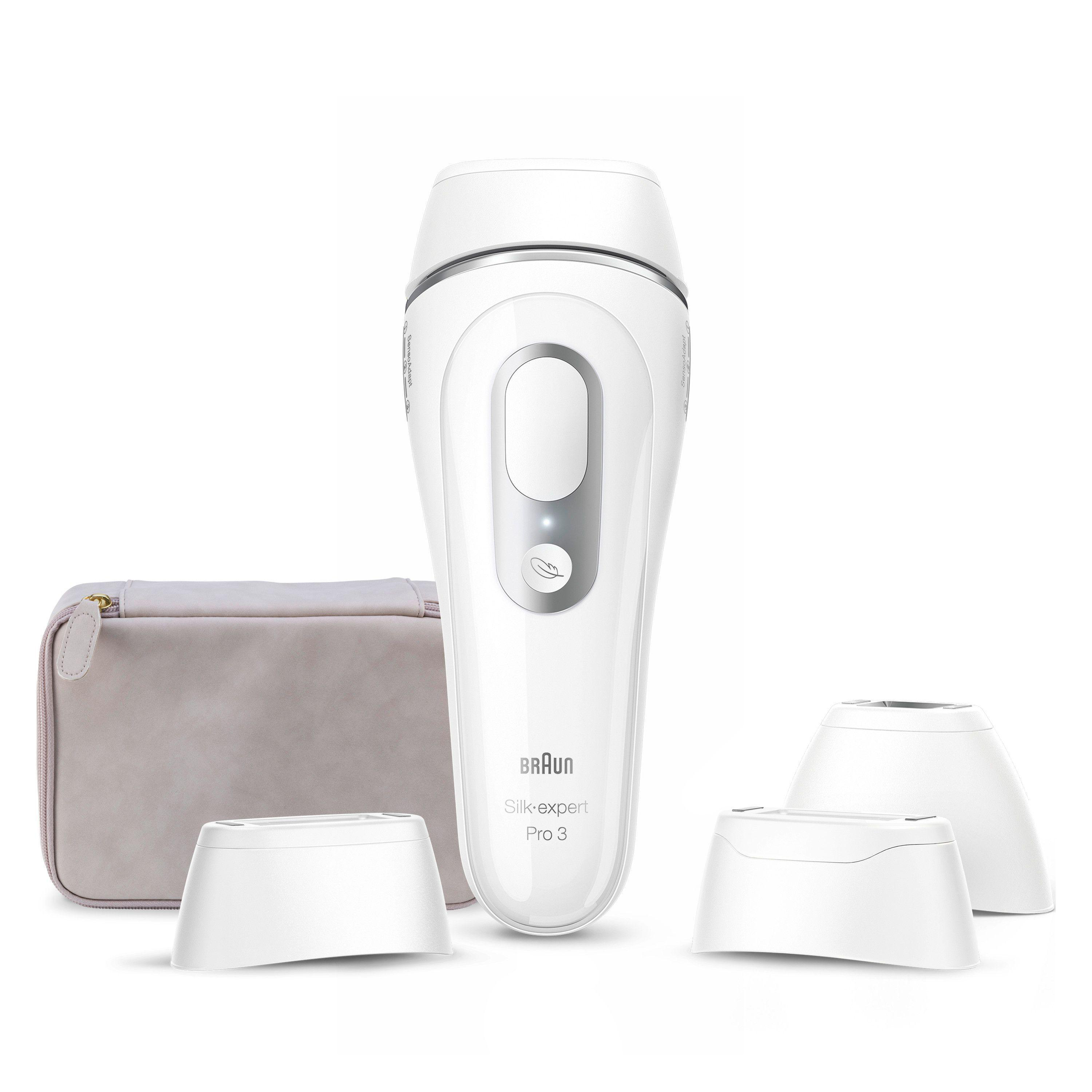 Weißes Braun Silk-expert Pro 3 Gerät mit Zubehör und grauer Reisetasche.