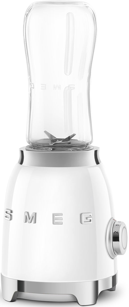Weißer Mixer mit einem transparenten Glasbehälter oben.