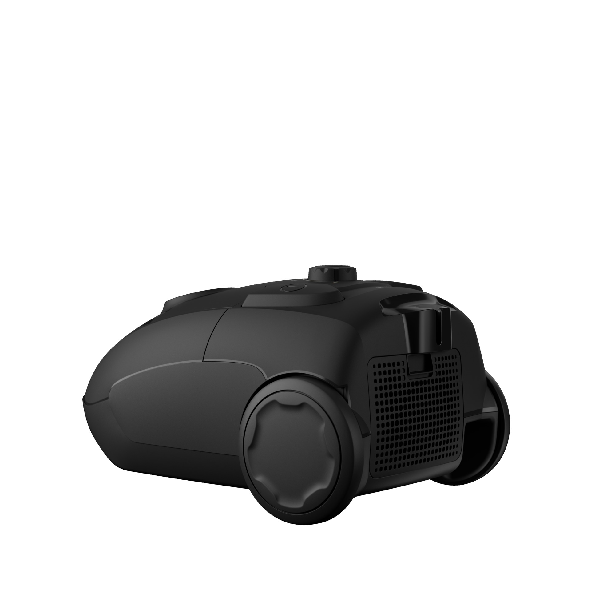 Czarny odkurzacz na białej powierzchni, widok z boku. Widoczne dwa koła i uchwyt.