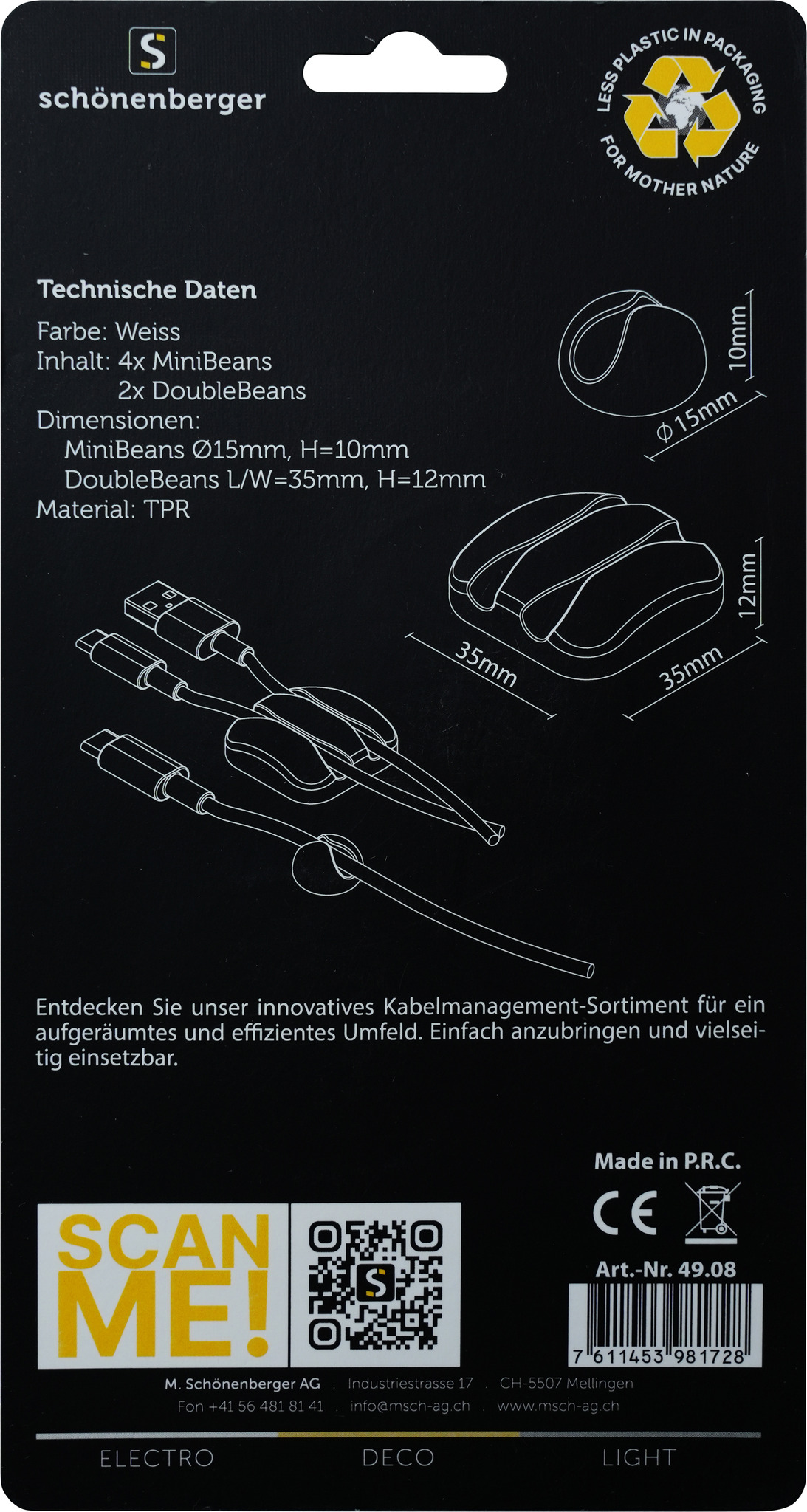 Emballage du produit avec détails techniques, un code QR et des illustrations d'organisateurs de câbles.