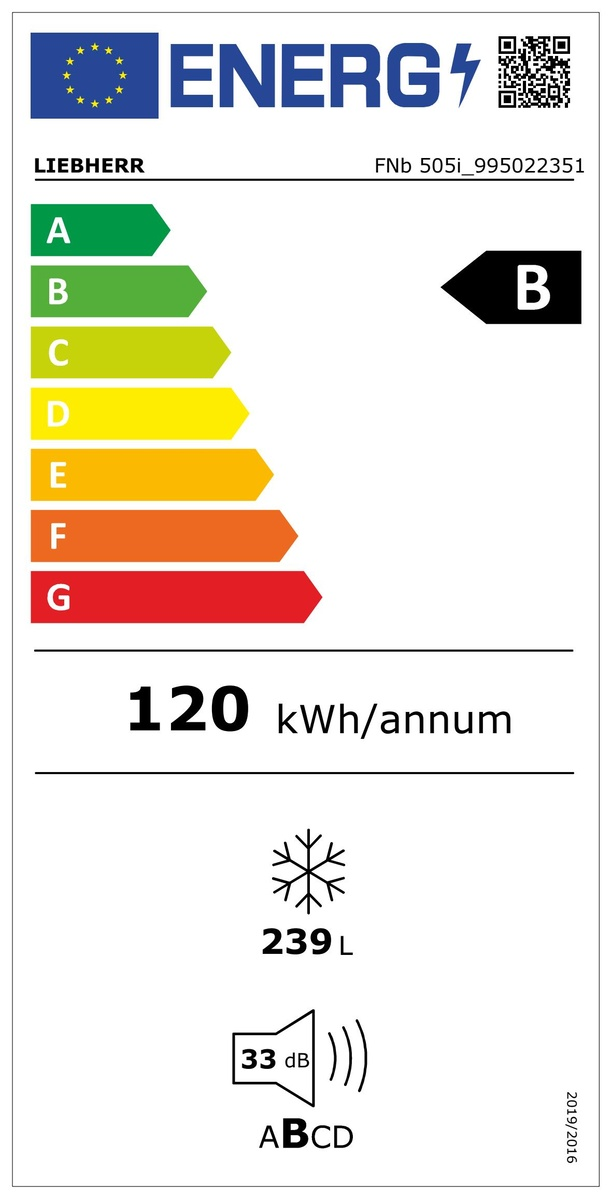 Egy Liebherr hűtőszekrény energiacímkéje, amely a B energiahatékonysági osztályt és az energiafogyasztást mutatja.