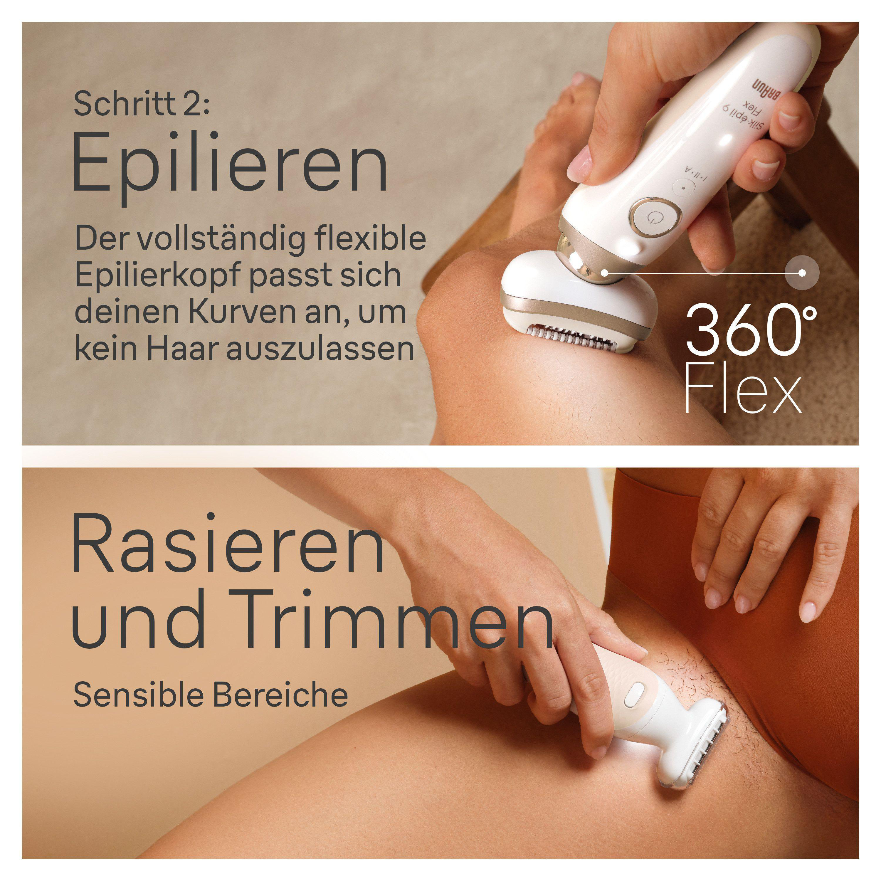 Zwei Bilder einer Person, die einen Epilierer und einen Rasierer an ihren Beinen verwendet.