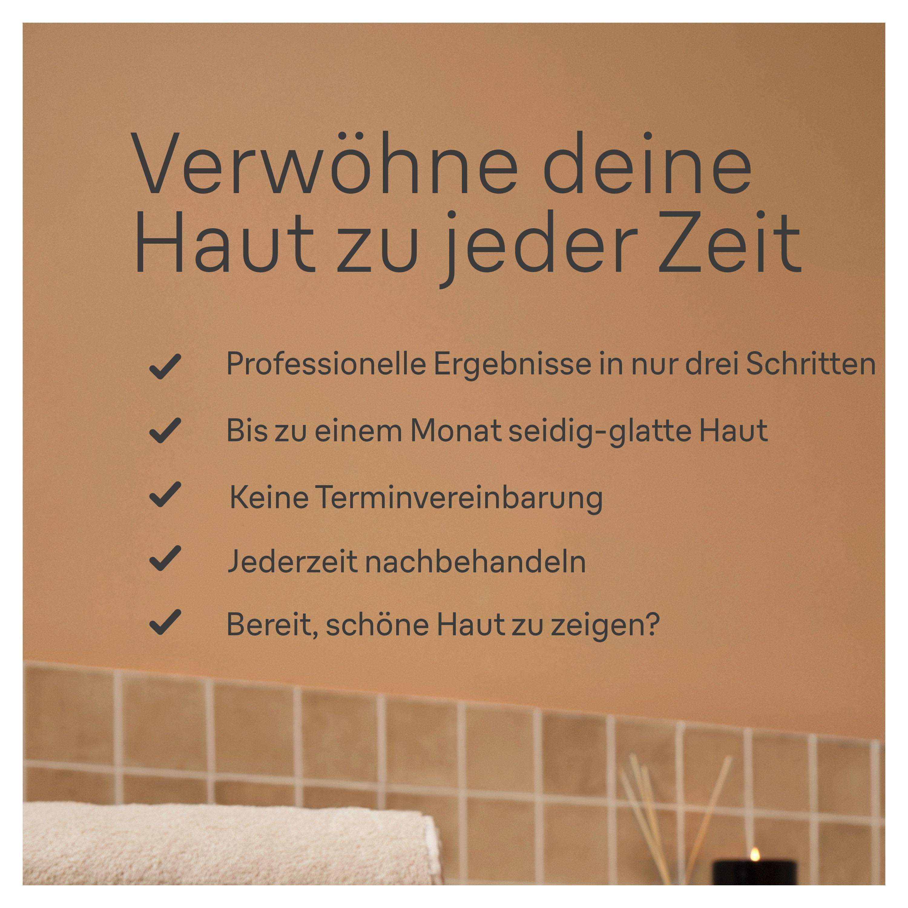 Werbebild mit Text über Hautpflege, Auflistung professioneller Ergebnisse, glatter Haut und ohne Termine.