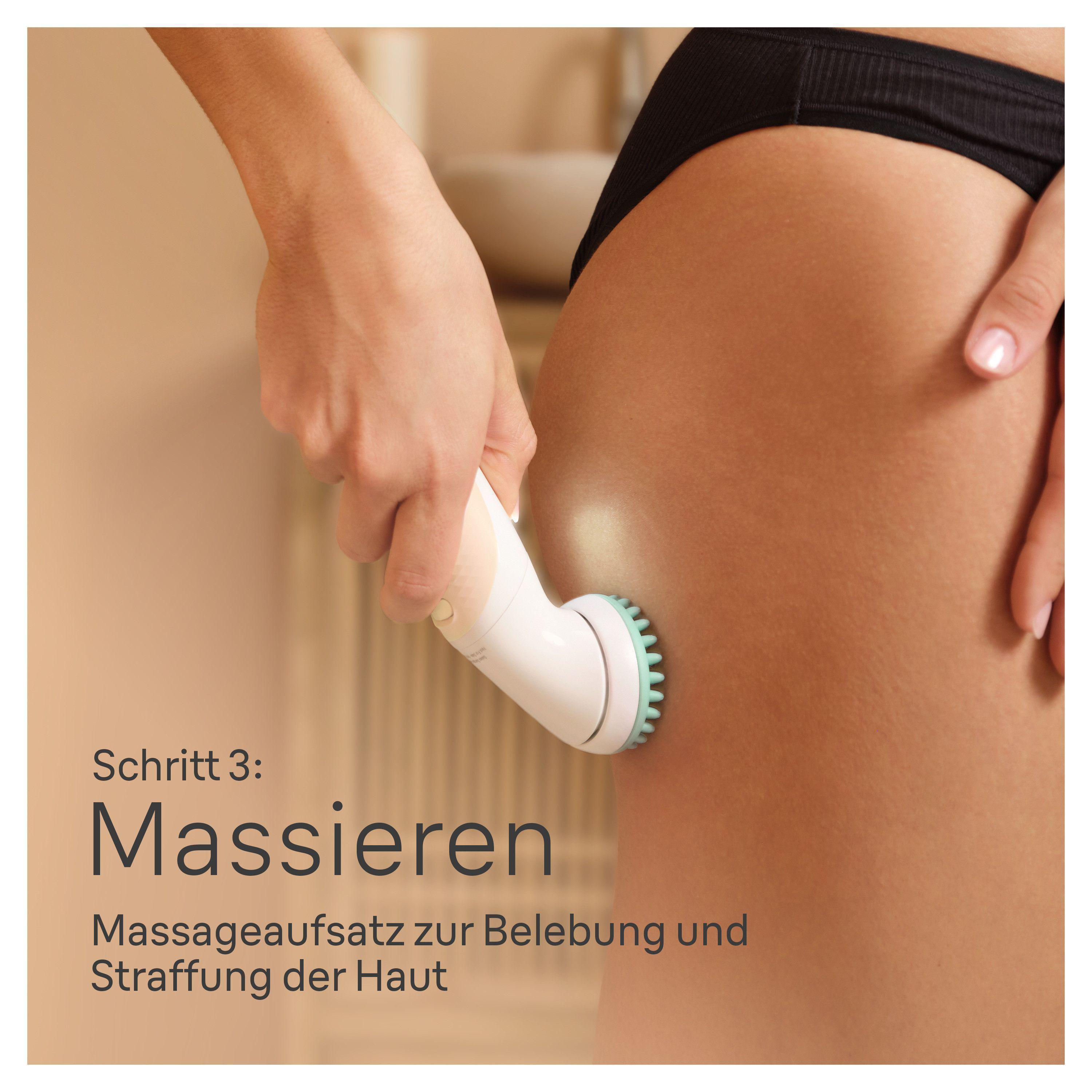 Das Bein einer Frau wird mit einem weiß-grünen Gerät massiert. Text auf der linken Seite.
