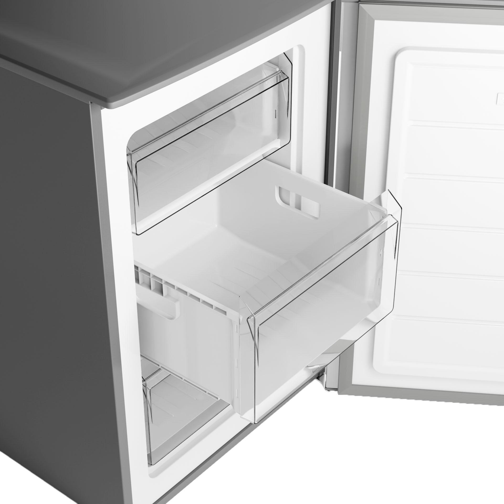 Kühlschrank mit offener Tür, Schubladen zeigend. Innenraum ist weiß, Tür ist grau.