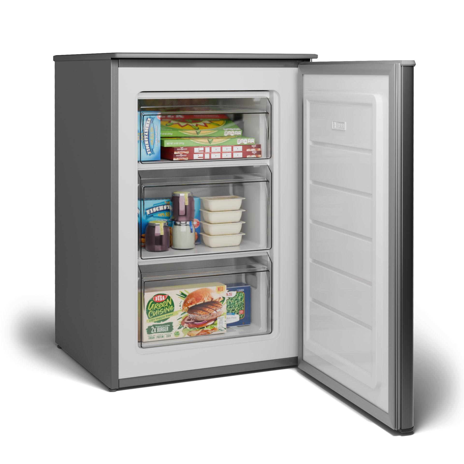 Ein Kühlschrank mit drei geöffneten Schubladen. Der Kühlschrank hat Tiefkühlkost im Inneren.