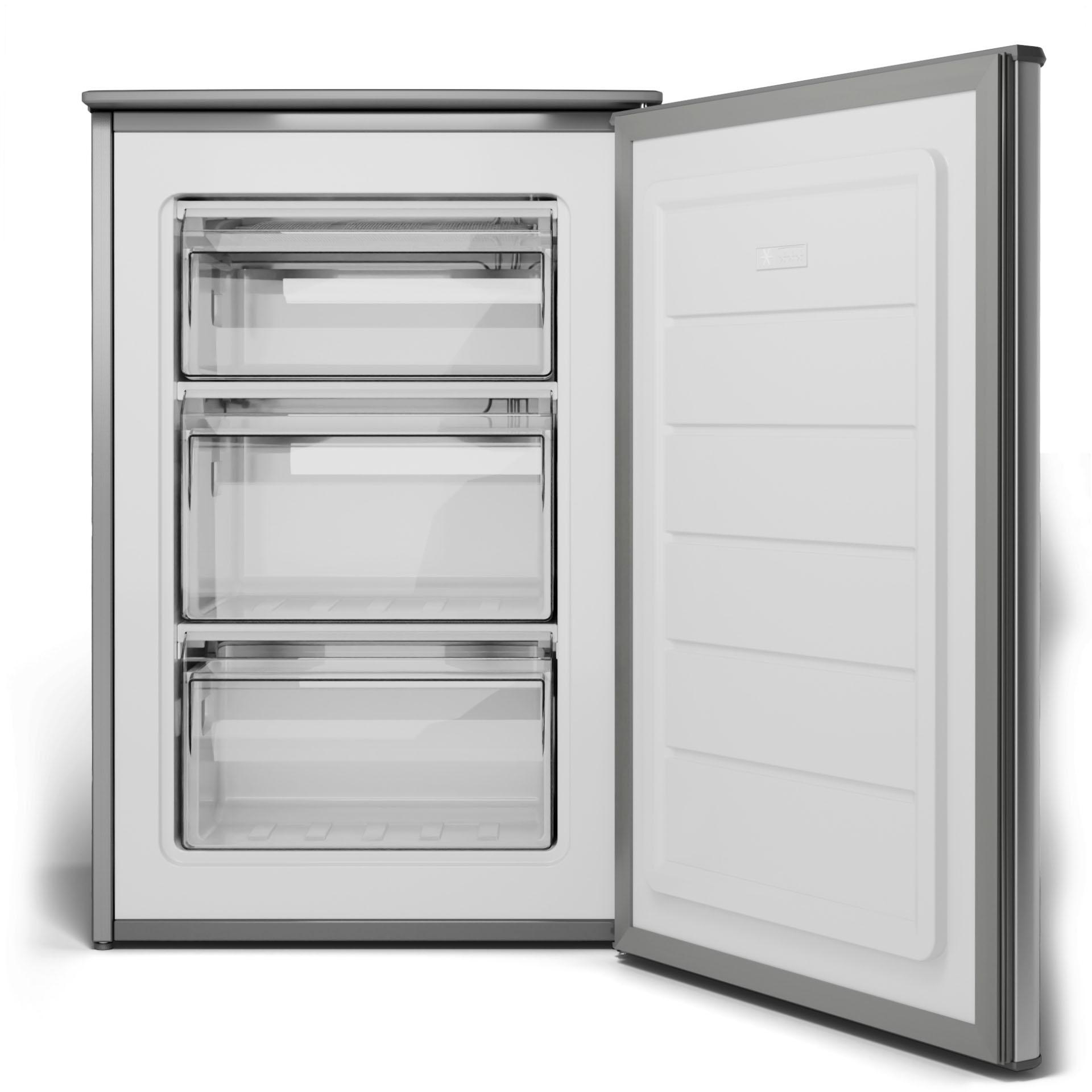 Geöffneter silberner Kühlschrank mit drei transparenten Schubladen, weißer Innenraum.