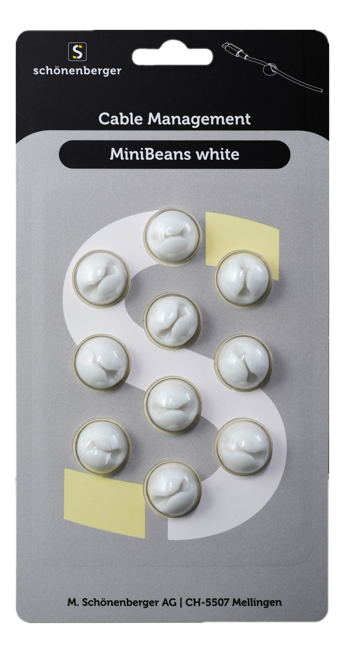 Confezione per la gestione dei cavi con MiniBeans bianchi. Un'etichetta mostra il nome e il marchio 'schönberger'.