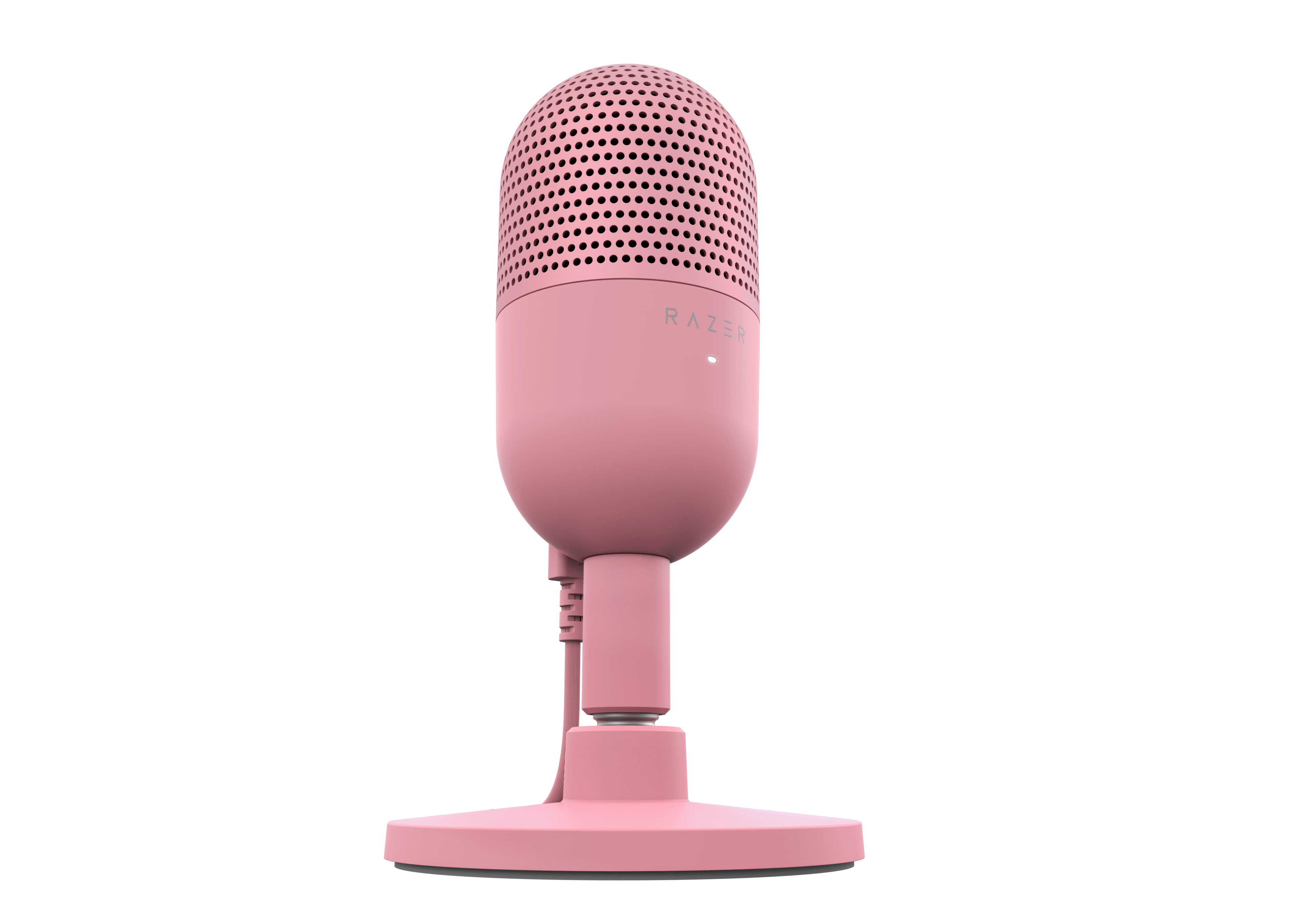 Ein pinkfarbenes Razer-Mikrofon auf einem Ständer. Es hat einen runden Sockel. Die Vorderseite ist pink mit Razer-Logo.