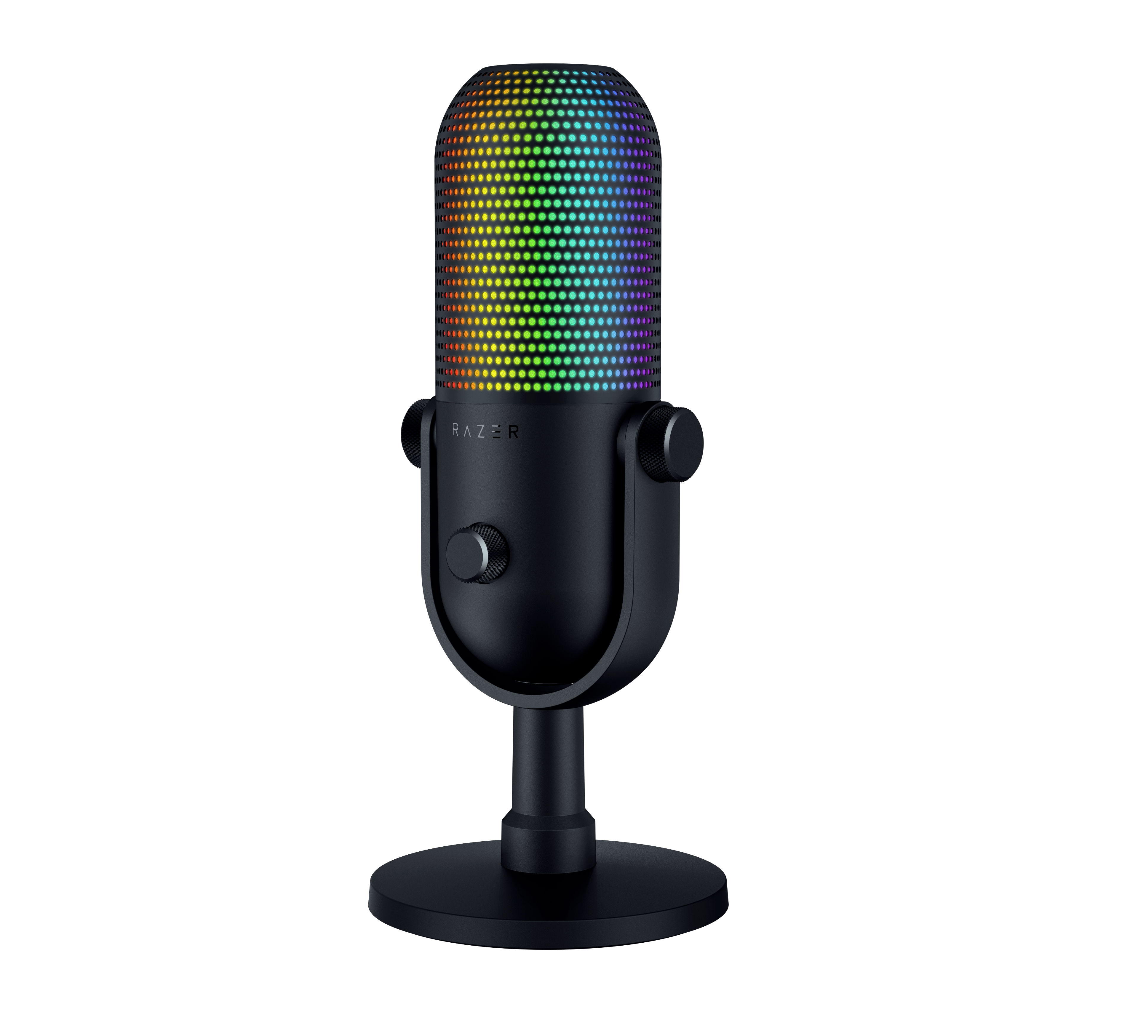 Schwarzes Razer-Mikrofon mit Regenbogen-Oberseite, auf schwarzem Ständer. Das Razer-Logo ist sichtbar.