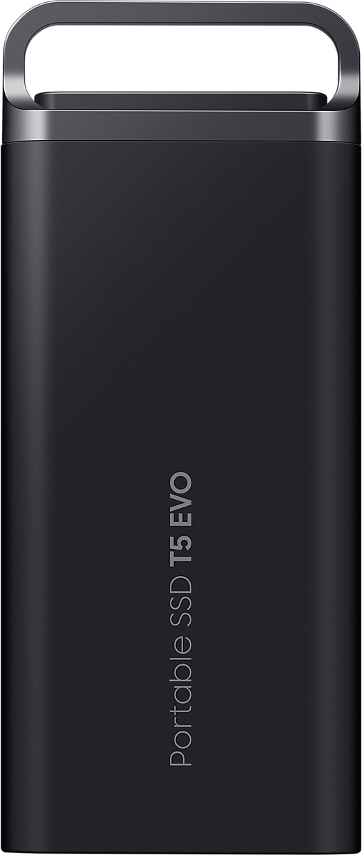 Egy fekete, hordozható SSD meghajtó a Portable SSD T5 EVO szöveggel.