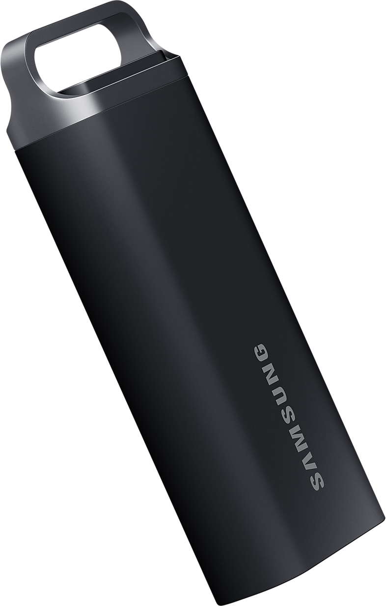 Fekete USB flash meghajtó szürke felsővel. A Samsung szó az oldalára van nyomtatva.