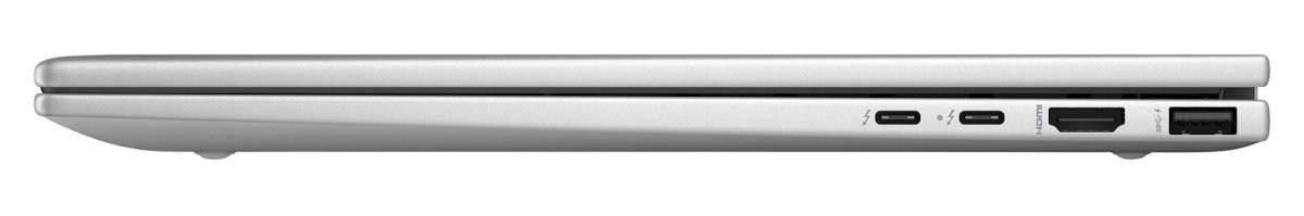 Widok z boku srebrnego laptopa, z portami Thunderbolt, USB-C, HDMI i USB.