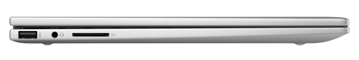 Widok z boku zamkniętego srebrnego laptopa, pokazujący porty i smukłą, cienką konstrukcję.