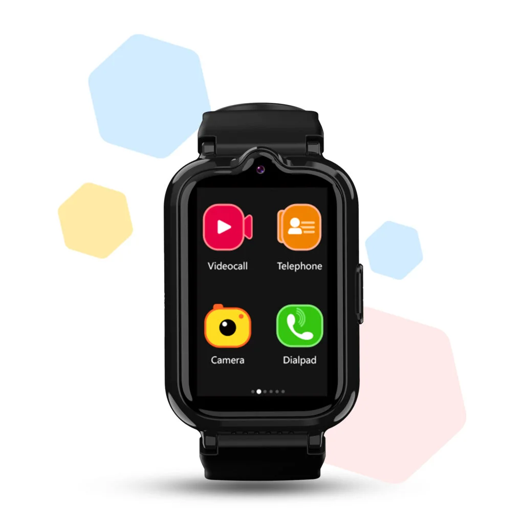 Czarny smartwatch z czterema ikonami na ekranie: czerwona, pomarańczowa, żółta i zielona.