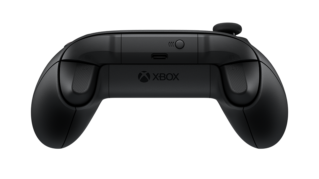 Controlador Xbox negro. Vista trasera, con el logotipo de Xbox y puerto USB.