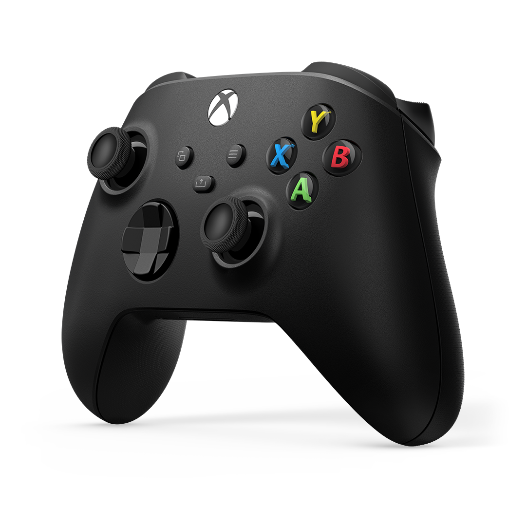 Mando Xbox Microsoft Carbon Black en vista angular, diseño ergonómico con joysticks, botones ABXY y conexión Bluetooth para Series X|S y PC