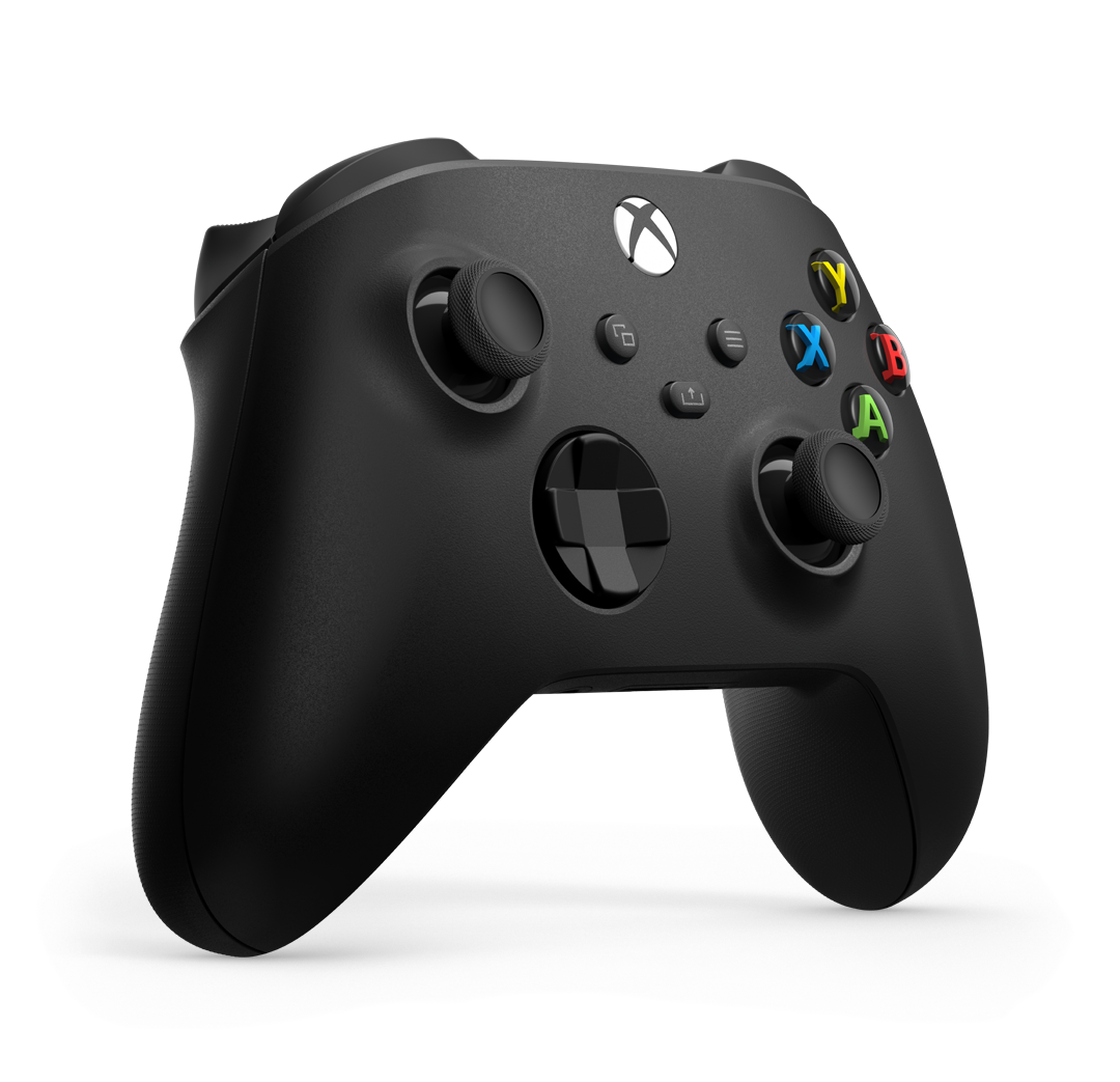Mando Xbox negro sobre fondo negro, vista en ángulo. Botones visibles.