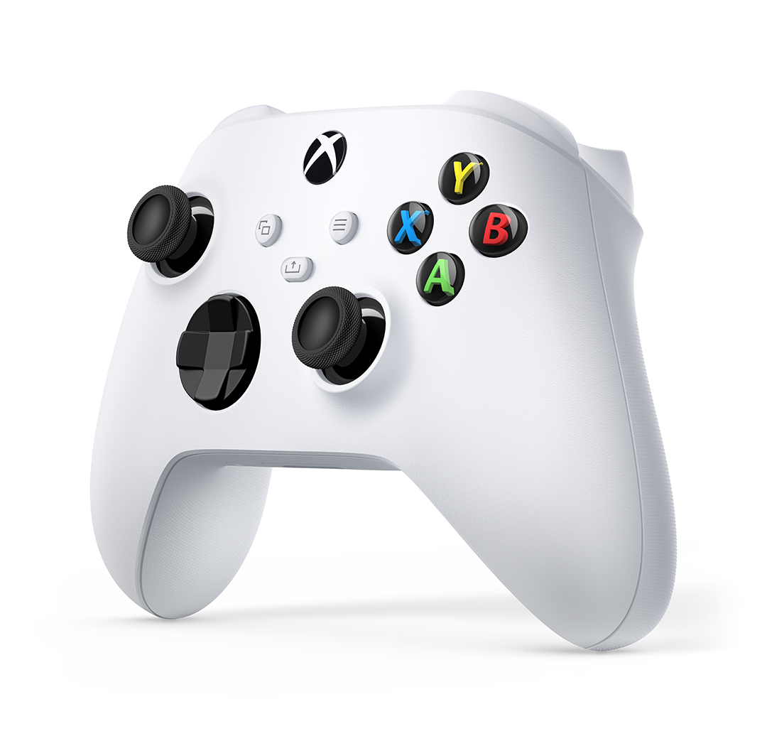 Mando Xbox Microsoft Robot White en vista angular, diseño ergonómico con joysticks, botones ABXY y conexión Bluetooth para Series X|S y PC.