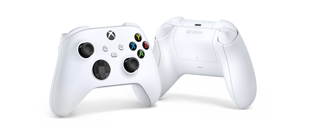 Mando Xbox Microsoft Robot White mostrando parte frontal y trasera con agarre texturizado y botones, compatible Series X|S, Xbox One y PC