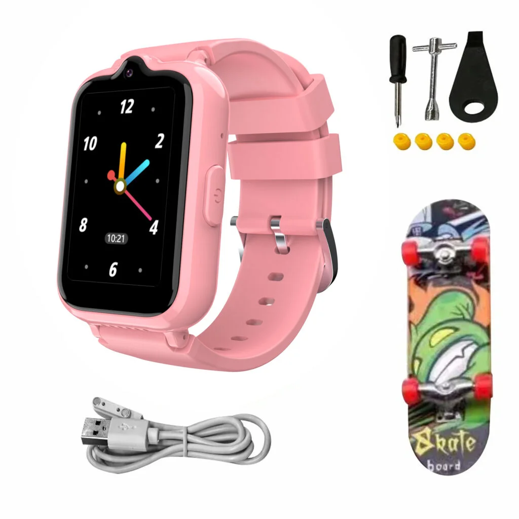 Różowy smartwatch z akcesoriami, w tym deskorolką i narzędziami.