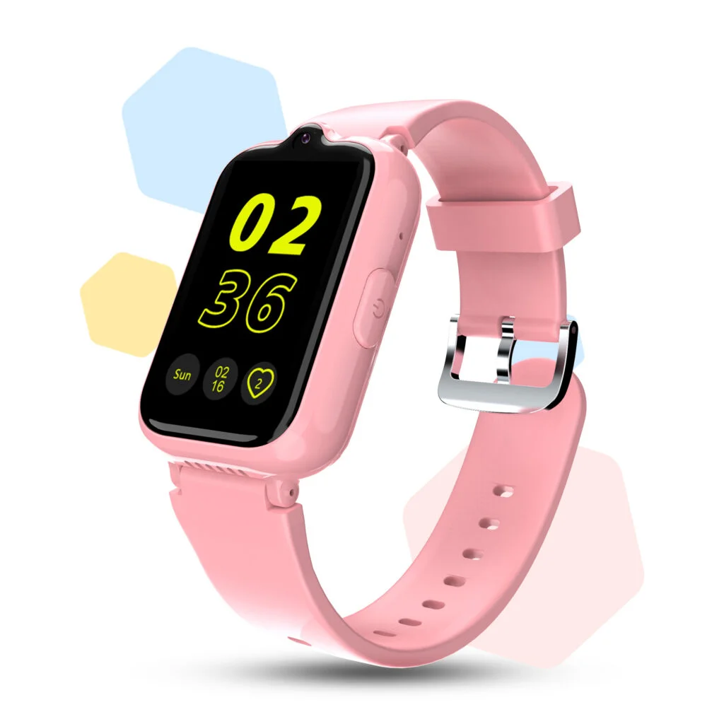 Różowy smartwatch z czarnym ekranem wyświetlającym godzinę i ikonę serca.