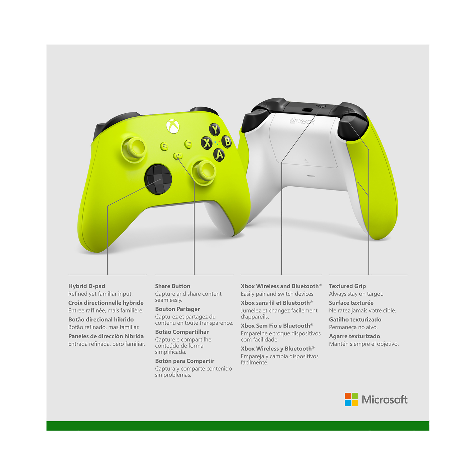 Se muestra un mando de Xbox verde y blanco con sus funciones etiquetadas en varios idiomas.