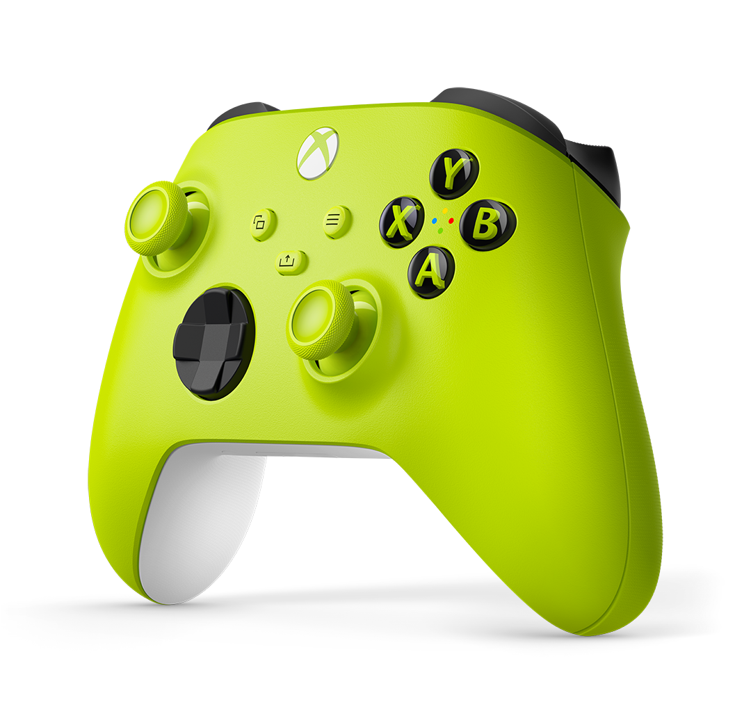 Un mando Xbox verde sobre un fondo negro. Tiene la parte trasera blanca. Muestra los botones y joysticks.
