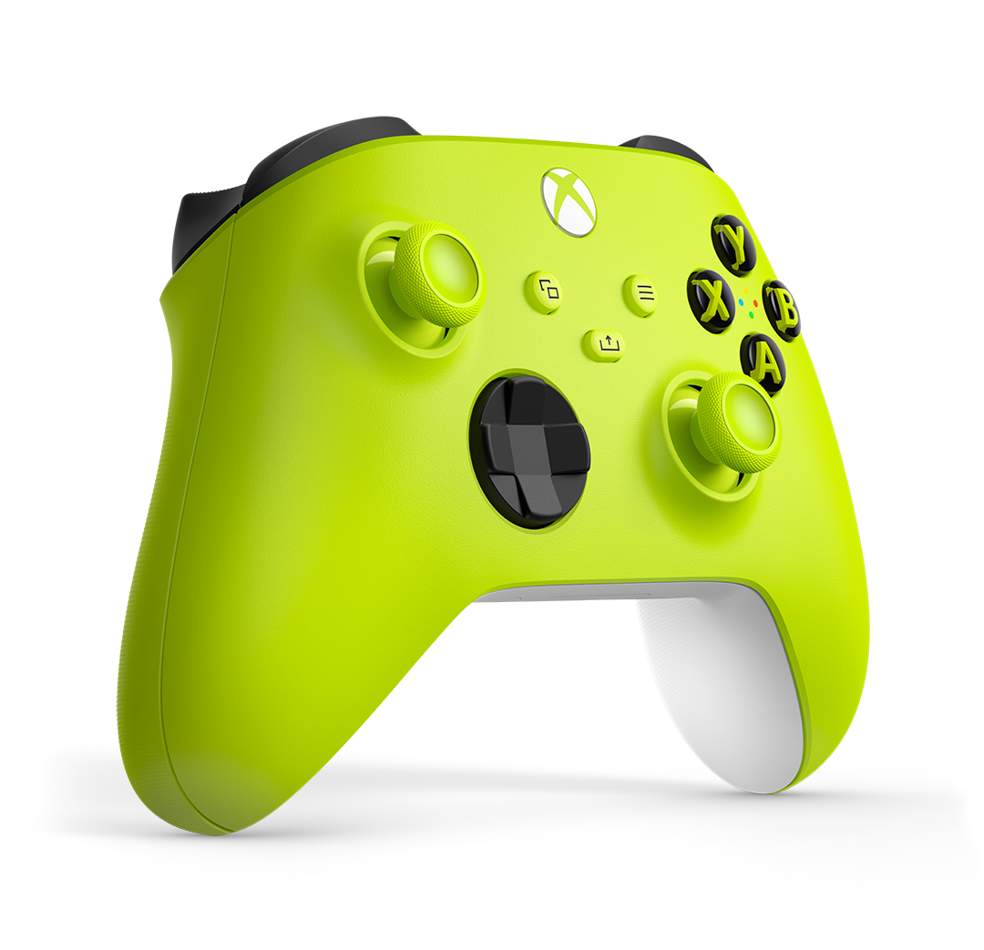 Mando de Xbox verde lima. El mando tiene botones negros y una parte inferior blanca.